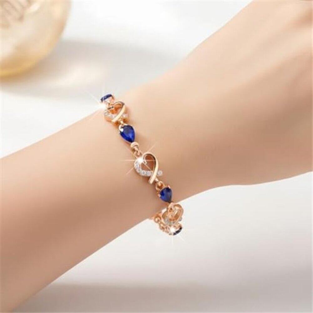 14K Gold Plated Sapphire Heart Link Bracelet Crystal Rhinestone bangle Bracelet